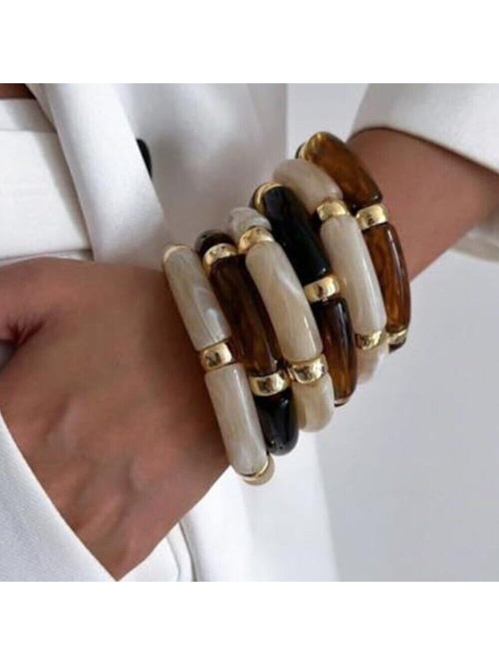 6pcs Chunky Acrylic Bangle Bracelets Resin Bamboo Brown and Pearl White Tone